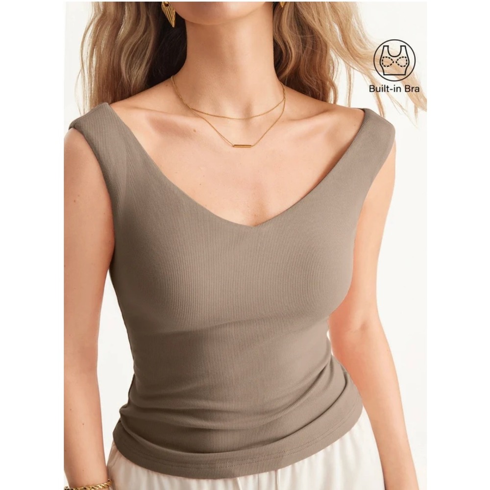 OGL Cork Brown Plantive Essential V-neck Airy Bra Top Women M NWT 250611-2500W22